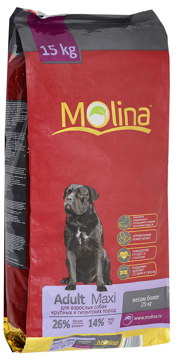 Корм сухой Molina Adult Maxi для взрослых собак крупных пород, 15 кг4680265000999 Корм сухой Molina Adult Maxi для взрослых собак крупных пород, 15 кг4680265000999Полнорационный сухой корм Molina Adult Maxi предназначен для взрослых собак крупных пород весом более 25 кг. Специальный комплекс витаминов и естественных антиоксидантов способствует замедлению процесса старения и защищает от последствий стресса. Баланс микроэлементов и макроэлементов поддерживает состояние суставов и связок в здоровом состоянии. Оптимальный размер крокета предотвращает появление зубного камня. Отличная вкусовая формула и состав корма позволяют усваивать питательные вещества. Товар сертифицирован.