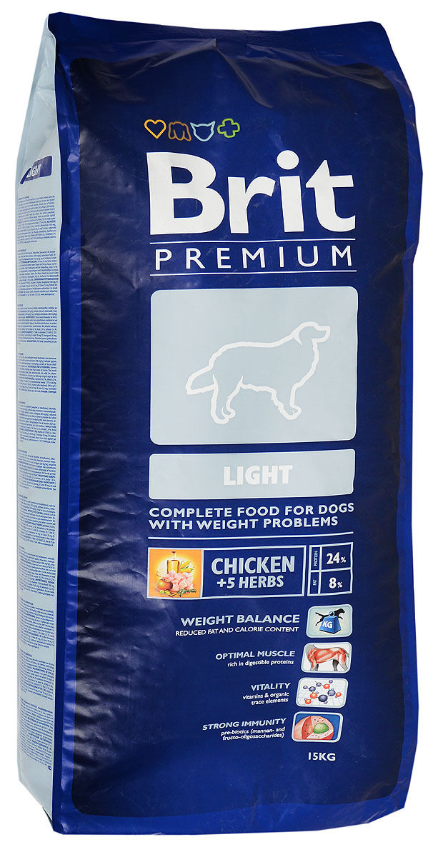 Корм сухой Brit Premium Light для собак, склонных к полноте, с курицей и рисом, 15 кг8594031449485 Корм сухой Brit Premium Light для собак, склонных к полноте, с курицей и рисом, 15 кг8594031449485Полнорационный корм Brit Premium Light предназначен для собак склонных к полноте, малоподвижных или с избыточной массой тела. Пониженное содержание жира и калорий поддерживают массу животного. Повышенное содержание легко усваиваемых протеинов обеспечивает оптимальную мускулатуру. Витамины и органические микроэлементы дают сильную жизненную энергию, а пребиотики (манано- и фрукто-олигосахариды) обеспечивают стойкий иммунитет. Товар сертифицирован.