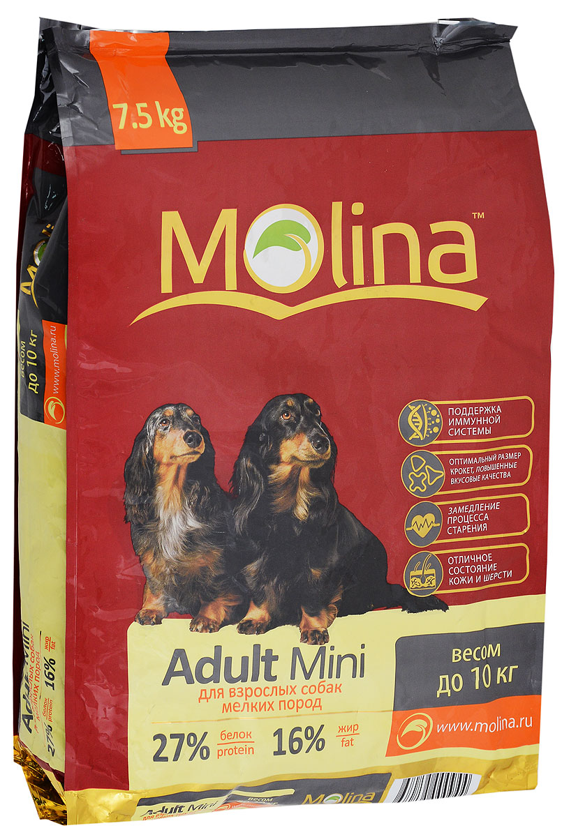 Корм сухой Molina Adult Mini для взрослых собак мелких пород, 7,5 кг4680265000944 Корм сухой Molina Adult Mini для взрослых собак мелких пород, 7,5 кг4680265000944Полнорационный сухой корм Molina Adult Mini предназначен для взрослых собак мелких пород весом до 10 кг. Специальный комплекс витаминов и антиоксидантов способствует поддержанию иммунитета, замедляет процесс старения и защищает от последствий стресса. Содержание жирных кислот Омега-6 и Омега-3 обеспечивает правильное развитие нервной системы и отличное состояние кожи и шерсти. Вкусовая формула и состав корма позволяют оптимально усваивать питательные вещества. Товар сертифицирован.