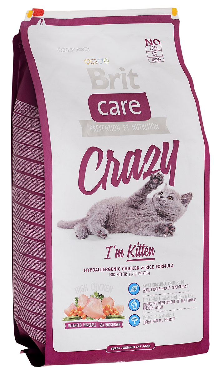 Корм сухой Brit Care Crazy для котят, беременных и кормящих кошек, с курицей и рисом, 7 кг8595602505517 Корм сухой Brit Care Crazy для котят, беременных и кормящих кошек, с курицей и рисом, 7 кг8595602505517Гипоаллергенный корм Brit Care Crazy предназначен для котят в возрасте 1-12 месяцев, беременных и кормящих кошек. Содержит в себе большое количество мяса. Корм обладает сбалансированным минеральным составом. Включает в себя облепиху крушиновидную, витамин С и гексаметафосфат натрия. Товар сертифицирован.