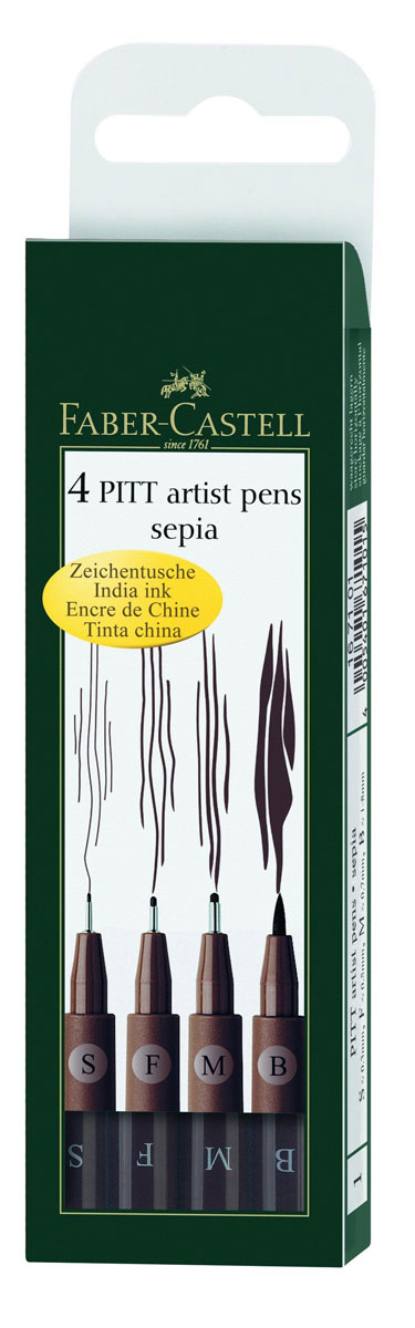 Faber-Castell Ручка капиллярная Pitt Artist Pen цвет коричневый 4 шт167101 Faber-Castell Ручка капиллярная Pitt Artist Pen цвет коричневый 4 шт167101Капиллярные ручки Faber-Castell Pitt Artist Pen станут незаменимым атрибутом учебы или работы. Корпус ручек выполнен из пластика коричневого цвета с черными колпачками. Высококачественные PH-нейтральные чернила коричневого цвета устойчивы к воздействию солнечных лучей, после высыхания не размазываются на бумаге. Ручки оснащены упругим клипом для удобной фиксации на бумаге или одежде. В наборе 4 ручки с коричневыми чернилами с разным диаметром наконечника.