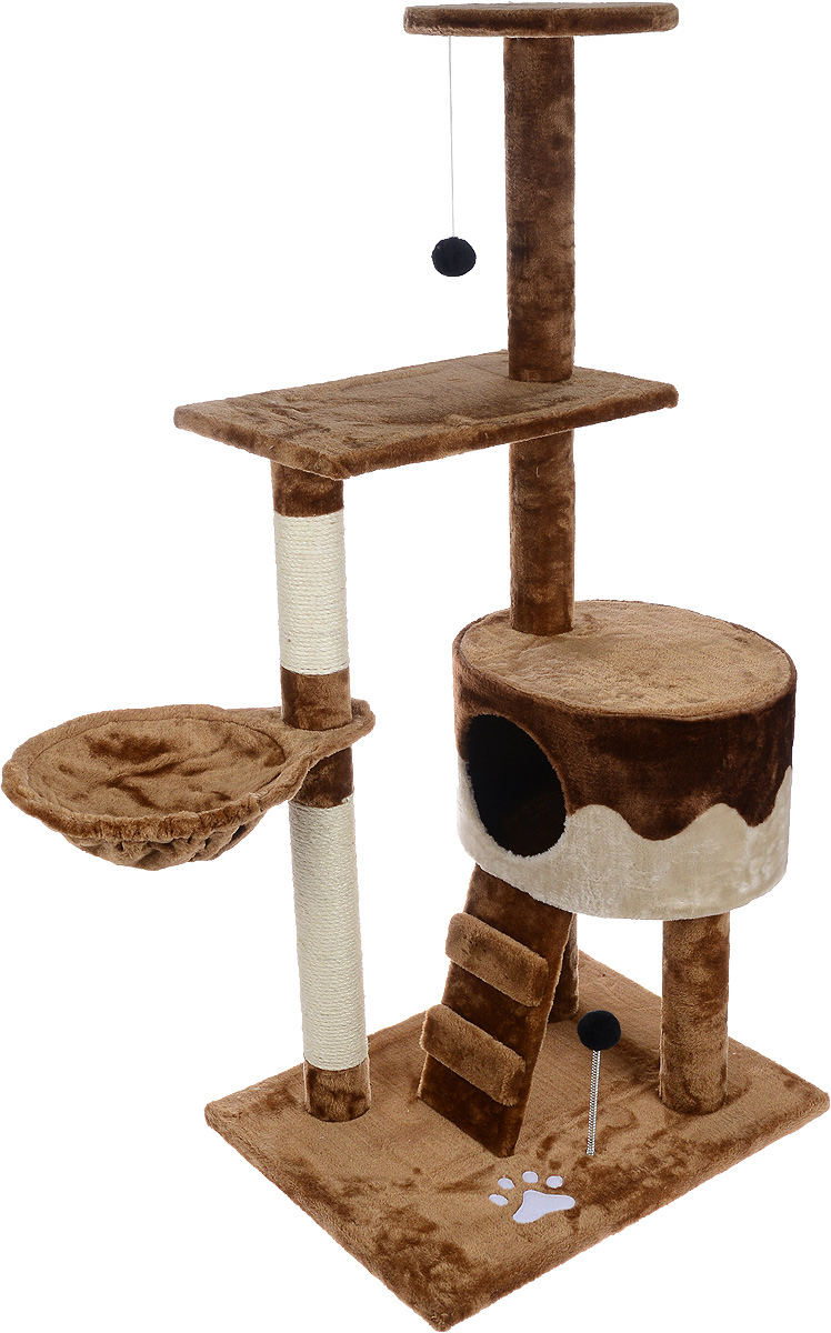Игровой комплекс для кошек Aimigou, цвет: коричневый, бежевый, 90 х 51 х 130 смQQ80334A-3 Игровой комплекс для кошек Aimigou, цвет: коричневый, бежевый, 90 х 51 х 130 смQQ80334A-3Игровой комплекс для кошек Aimigou выполнен из высококачественного ДСП и обтянут искусственным мехом. Изделие предназначено для кошек. Ваш домашний питомец будет с удовольствием точить когти о специальные столбики, изготовленные из сизаля. А отдохнуть он сможет либо на полках, либо на гамаке, либо в домике. Изделие оснащено небольшой лесенкой. На основании и на одной из полок расположена игрушка, которая еще сильнее привлечет внимание питомца. Общий размер: 90 х 51 х 130 см. Размер основания: 62 х 47 см. Размер нижней полки: 49 х 30 см. Диаметр верхней полки: 29 см. Размер домика: 41 х 35 х 25 см. Размер гамака: 42 х 30 см. Размер лесенки: 32 х 16 см.