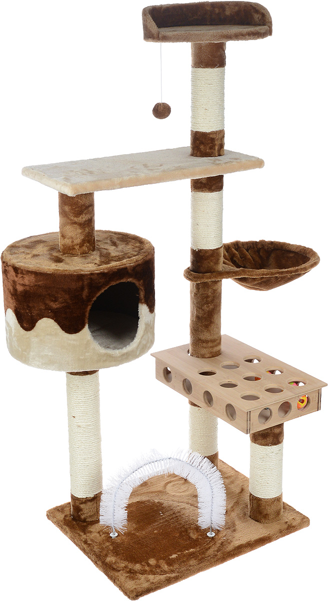 Игровой комплекс для кошек Aimigou, цвет: коричневый, бежевый, белый, 55 х 45 х 135 смQQ80399 Игровой комплекс для кошек Aimigou, цвет: коричневый, бежевый, белый, 55 х 45 х 135 смQQ80399Игровой комплекс для кошек Aimigou выполнен из высококачественного ДСП и обтянут искусственным мехом. Изделие предназначено для кошек. Ваш домашний питомец будет с удовольствием точить когти о столбики, выполненные из сизаля. А отдохнуть он сможет либо на полках, либо в домике, либо на гамаке. Изделие оснащено деревянной коробкой с игрушками-погремушками и подвесной мягкой игрушкой. Общий размер: 55 х 45 х 135 см. Размер основания: 54 х 45 см. Размер нижней полки: 55 х 27 см. Размер верхней полки: 31 х 30 х 8 см. Размер гамака: 42 х 31 см. Размер домика: 37 х 37 х 25 см. Размер коробки (с учетом крышки): 44 х 26 х 7,5 см.