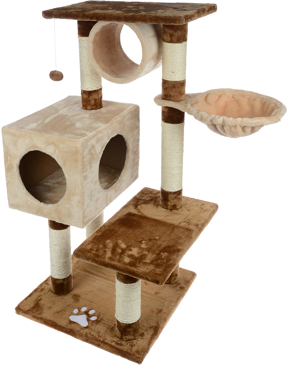 Игровой комплекс для кошек Aimigou, цвет: коричневый, бежевый, 84 х 55 х 103 см. QQ80335QQ80335 Игровой комплекс для кошек Aimigou, цвет: коричневый, бежевый, 84 х 55 х 103 см. QQ80335QQ80335Игровой комплекс для кошек Aimigou выполнен из высококачественного ДСП и обтянут искусственным мехом. Изделие предназначено для кошек. Ваш домашний питомец будет с удовольствием точить когти о специальные столбики, изготовленные из сизаля. А отдохнуть он сможет либо на полках, либо в в домике, либо в трубе, либо на гамаке. На одной из полок расположена игрушка, которая еще сильнее привлечет внимание питомца. Общий размер: 84 х 55 х 103 см. Размер основания: 49 х 49 см. Размер полок: 49 х 30 см. Размер трубы: 20 х 22 х 22 см. Размер гамака: 41 х 31 см. Размер домика: 41 х 30 х 30 см.