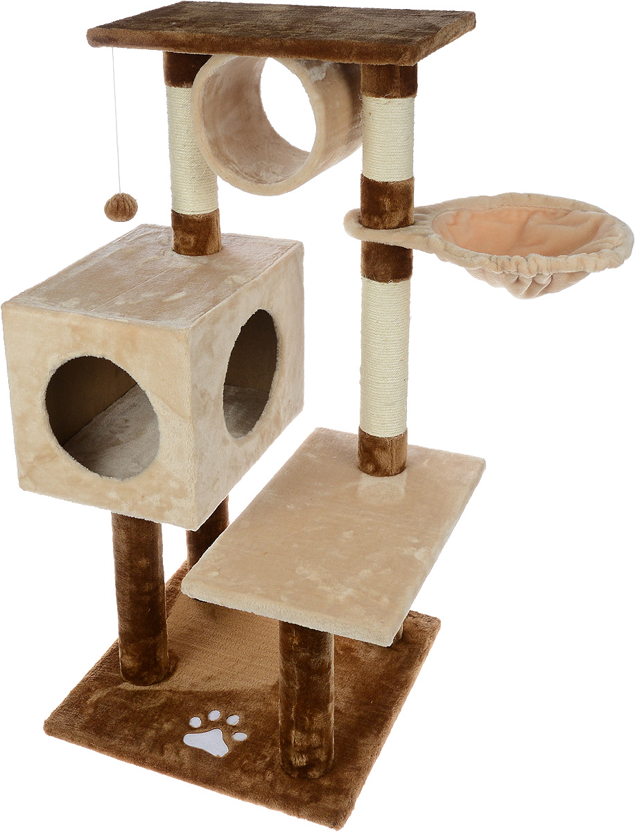 Игровой комплекс для кошек Aimigou, цвет: бежевый, коричневый, 84 х 55 х 103 смQQ80335-3 Игровой комплекс для кошек Aimigou, цвет: бежевый, коричневый, 84 х 55 х 103 смQQ80335-3Игровой комплекс для кошек Aimigou выполнен из высококачественного ДСП и обтянут искусственным мехом. Изделие предназначено для кошек. Ваш домашний питомец будет с удовольствием точить когти о специальные столбики, изготовленные из сизаля. А отдохнуть он сможет либо на полках, либо в домике, либо в трубе, либо на гамаке. На одной из полок расположена игрушка, которая еще сильнее привлечет внимание питомца. Общий размер: 84 х 55 х 103 см. Размер основания: 49 х 49 см. Размер полок: 49 х 30 см. Размер трубы: 20 х 22 х 22 см. Размер гамака: 41 х 31 см. Размер домика: 41 х 30 х 30 см.