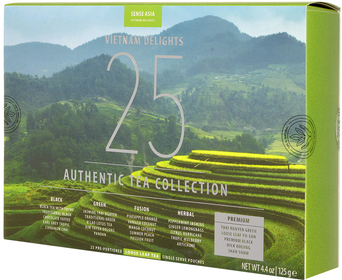 Sense Asia Vietnam Delights подарочный набор чая, 125 г8938506647189 Sense Asia Vietnam Delights подарочный набор чая, 125 г8938506647189Подарочный набор чая Sense Asia Vietnam Delights состоит из 25 стикеров листового чая, по 1 стикеру на каждый вид. Это своеобразный тестовый набор вьетнамского чая для гурманов и начинающих ценителей чая. Каждый стикер имеет уникальную наклейку о стране, ее людях и самых знаменитых местах. Также внутри коробки размещена карта Вьетнама, на которой отмечены места произрастания чая, интересные и забавные факты. На обратной стороне карты, представлены фото всех видов чая и их вкусовые характеристики. Набор состоит из бестселлеров мирового рынка и сегментирован по самым популярным видам чая: черный, зеленый, фьюжн (тропические ароматы), травяной чай и премиальная линейка. Уникальная упаковка – это три захватывающих панорамы самых живописных уголков Вьетнама: Рисовые поля Сапы (знаменитое своими видами место на севера Вьетнама) Соляные поля Ня Чанга (курортного города на юге страны) Острова знаменитой бухты Халонг Состав набора: 5...