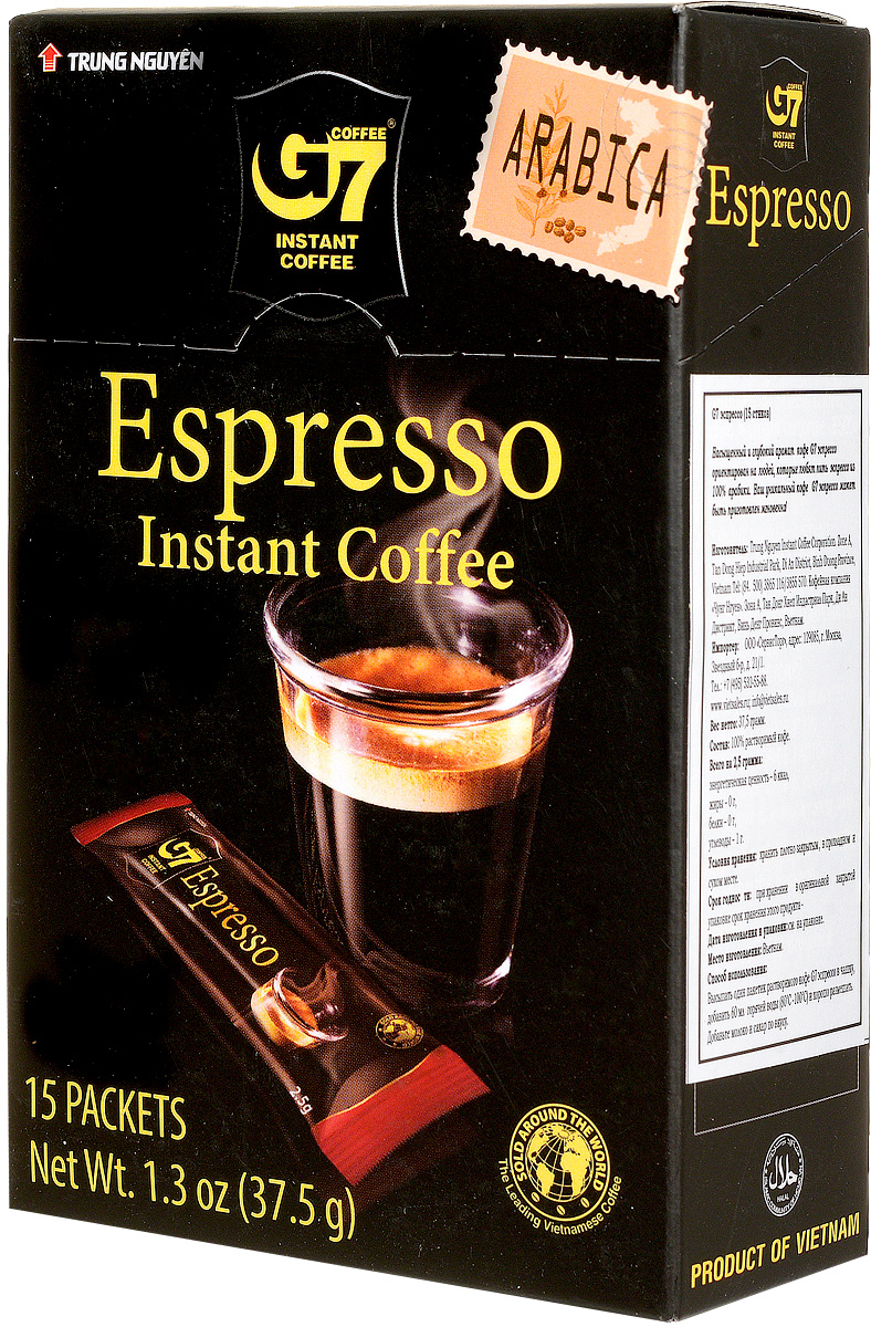 Trung Nguyen G7 Espresso кофе растворимый, 15 стиков8935024150702 Trung Nguyen G7 Espresso кофе растворимый, 15 стиков8935024150702Trung Nguyen G7 Espresso - насыщенный вкус цельных кофейных зерен Арабики, обжаренных до темного цвета. Данный напиток обладает приятной кофейной горечью, крепостью и полнотой вкуса. Способ приготовления: высыпать в чашку один пакетик растворимого кофе. Добавить 150 мл горячей воды (80-100°С) и хорошо размешать. Добавьте молоко и сахар по вкусу. Кофе G7 подарит вам восхитительные вкусовые ощущения!