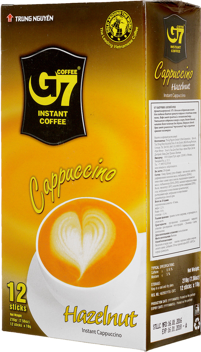 Trung Nguyen G7 Cappuccino лесной орех кофе растворимый, 12 стиков8935024141588 Trung Nguyen G7 Cappuccino лесной орех кофе растворимый, 12 стиков8935024141588Ароматизированный кофе Trung Nguyen G7 Cappuccino с большим содержанием сливок идеально подходит для создания богатого аромата капучино с толстым слоем пенки. Кофе имеет приятный и ненавязчивый вкус. Уменьшенное содержание сахара и жиров делает напиток более полезным для здоровья. Trung Nguyen G7 Cappuccino имеет уникальный тропический вкус и приятное ореховое послевкусие.