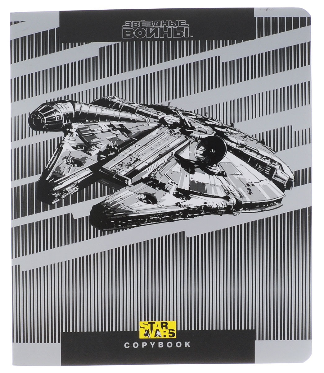 Star Wars Тетрадь 48 листов в клетку дизайн 139587_дизайн1 Star Wars Тетрадь 48 листов в клетку дизайн 139587_дизайн1Тетрадь Star Wars отлично подойдет для занятий школьнику, студенту, а также для различных записей. Обложка, выполненная из ламинированного картона, оформлена изображением космического корабля из культовой фантастической саги Звездные войны. Внутренний блок тетради, соединенный двумя металлическими скрепками, состоит из 48 листов белой бумаги. Стандартная линовка в клетку голубого цвета дополнена полями, совпадающими с лицевой и оборотной стороны листа.