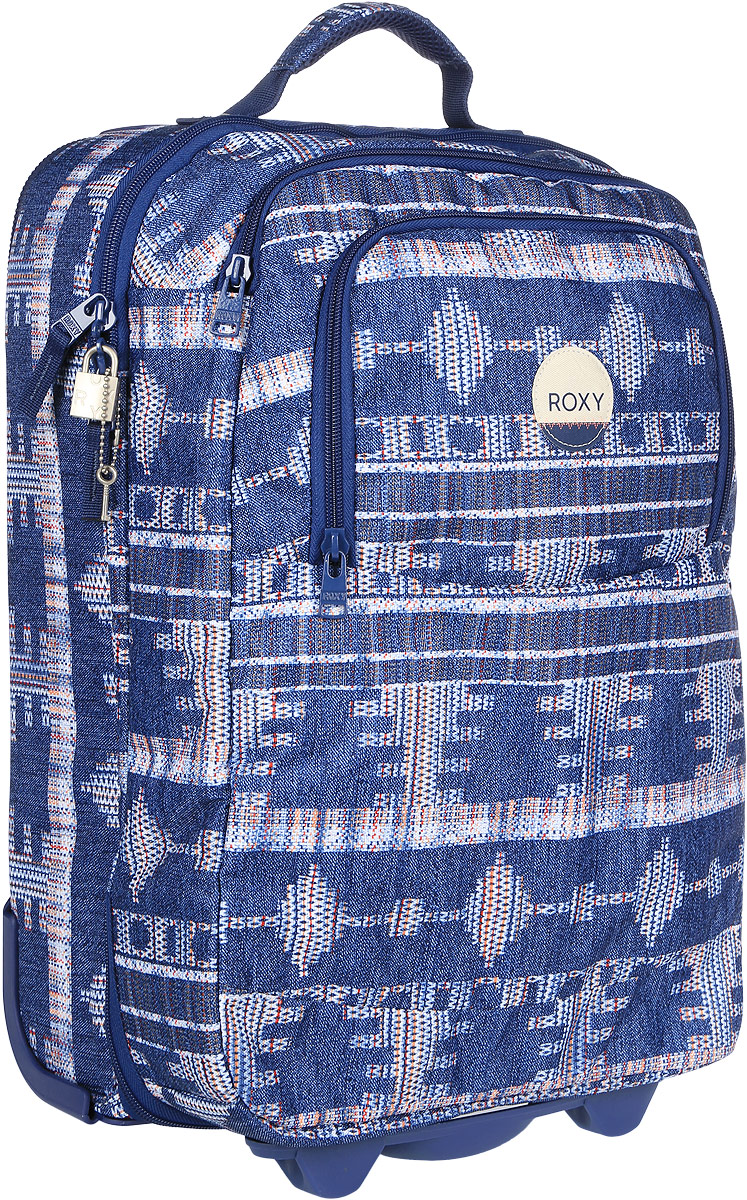 Чемодан Roxy, цвет: синий. ERJBL03072-BSQ7ERJBL03072-BSQ7 Чемодан Roxy, цвет: синий. ERJBL03072-BSQ7ERJBL03072-BSQ7Яркий и практичный чемодан Roxy не оставит вас равнодушной. Чемодан изготовлен из качественного плотного полиэстера. Изделие оформлено оригинальным принтом. Передний карман и верхняя ручка украшены нашивками с названием фирмы. На лицевой стороне расположен один небольшой карман на молнии для мелочей и одно вместительное отделение, закрывающееся на молнию. Внутри расположено два основных просторных отделения, которые закрываются на удобную молнию. Также внутри находится отделение для ноутбука с уплотненными стенками. Чемодан оснащен удобными упругими колесиками и удобной складной ручкой, с помощью которых чемодан удобно перевозить. На тыльной стороне расположен адресный ярлычок. Также чемодан имеет ручку сверху и сбоку для удобства переноса чемодана. К чемодану прилагается небольшой замок с ключиком, с помощью которых можно закрывать отделения для сохранности вещей. Такой оригинальный и практичный чемодан идеально подойдет для поездок и путешествий. Он вместит все...