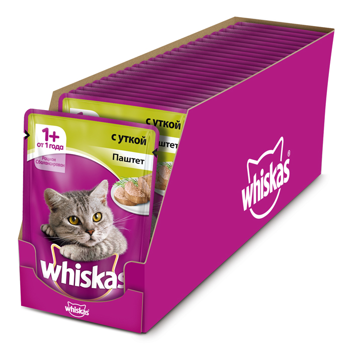 Консервы Whiskas для кошек от 1 года, паштет с уткой, 85 г х 24 шт41400 Консервы Whiskas для кошек от 1 года, паштет с уткой, 85 г х 24 шт41400Консервы Whiskas - полнорационный сбалансированный корм, который идеально подойдет вашему любимцу. Нежный паштет приготовлен с учетом потребностей кошек. Специально сбалансированный рацион содержит все необходимые питательные вещества, витамины и минералы. Консервы не содержат сои, консервантов, ароматизаторов, искусственных красителей и усилителей вкуса. Состав: мясо и субпродукты (в том числе утка минимум 4%), таурин, витамины, минеральные вещества. Пищевая ценность (100 г): белки - 8 г, жиры - 4 г, зола - 1,8 г, клетчатка - 0,3 г, витамин А не менее 150 МЕ, витамин Е не менее 1 мг, влага - 85 г. В упаковке 24 пауча по 85 г. Товар сертифицирован.