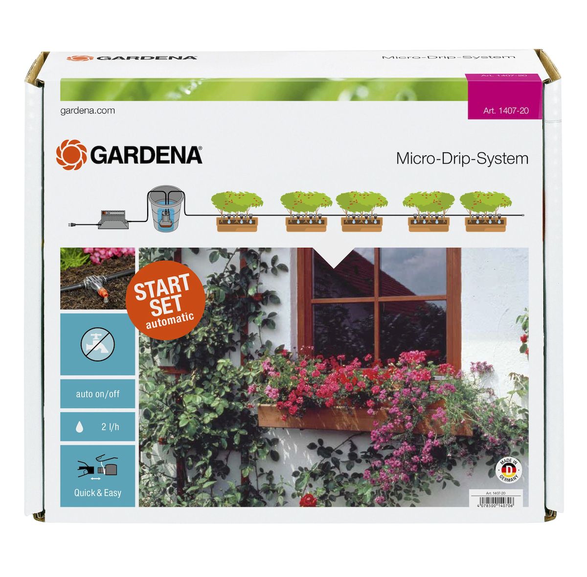 Комплект микрокапельного полива горшечных растений Gardena01407-20.000.00 Комплект микрокапельного полива горшечных растений Gardena01407-20.000.00Система микрокапельного полива Gardena предназначена для автоматического полива горшечных растений протяженностью до 6 м. Наличие встроенного таймера с 13 заданными программами позволяет легко поливать горшечные растения в ваше отсутствие. Для того чтобы исключить зависимость от водопровода, полив растений может осуществляться напрямую, например, из бака с дождевой водой. Для полива горшечных растений на протяжении более 6 м в систему можно включить дополнительные элементы. Для рационального полива к системе полива горшечных растений можно подключить датчик дождя Gardena и датчик влажности почвы Gardena. В комплекте: - трансформатор с вращающимся регулятором для выбора программы полива; - насос низкого давления 14 В; - фильтр; - внутренняя капельница (2 л/ч), 25 шт; - концевая заглушка; - игла для прочистки; - подающий шланг 4,6 мм (3/16 дюйма), 10 м; - колышки для крепления шланга, 15 шт.