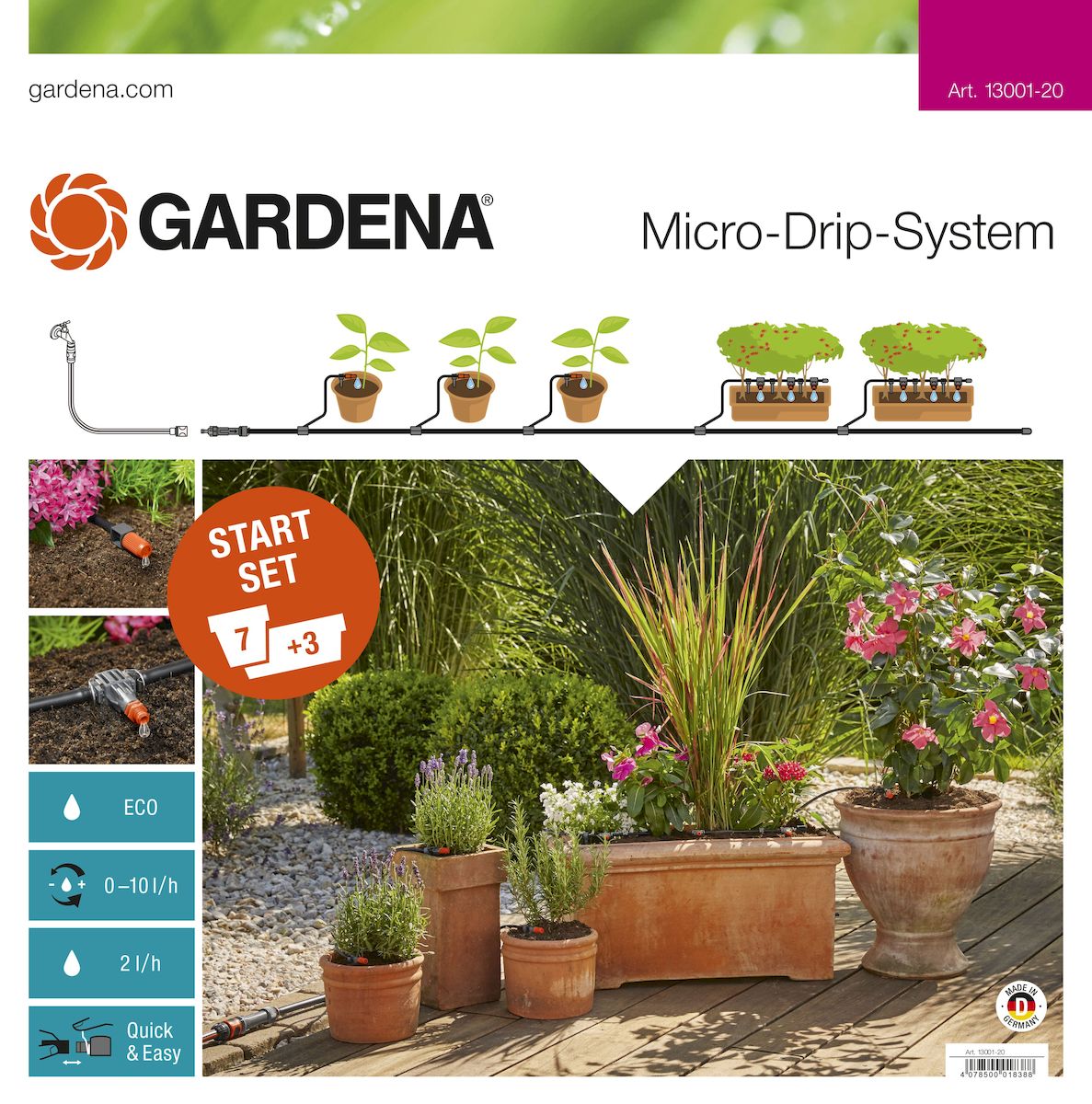 Комплект микрокапельного полива Gardena, базовый13001-20.000.00 Комплект микрокапельного полива Gardena, базовый13001-20.000.00Базовый комплект Gardena предназначен для микрокапельного полива, который может применяться в различных целях. Комплект может использоваться для полива семи горшечных растений и трех цветочных ящиков, но в любом случае это оптимальный набор инструментов для создания базовой системы микрокапельного полива Gardena. Такие элементы позволяют создать систему для удобного полива необходимых растений. Предусмотрена возможность включения в систему дополнительных элементов. В комплекте: - мастер-блок 1000; - шланг магистральный 15 м; - шланг подающий 10 м; - соединитель Т-образный 13 мм (1/2); - соединитель Т-образный 10 шт; - колышки для крепления шлангов 4,6 мм (3/16), 15 шт; - колышки для крепления шлангов 13 мм (1/2), 10 шт; - регулируемая концевая капельница (10 л/час), 7 шт; - внутренняя капельница (2 л/ч), 9 шт; - заглушка 4,6 мм (3/16), 3 шт; - заглушка 13 мм (1/2), 2 шт; - игла для прочистки. ...