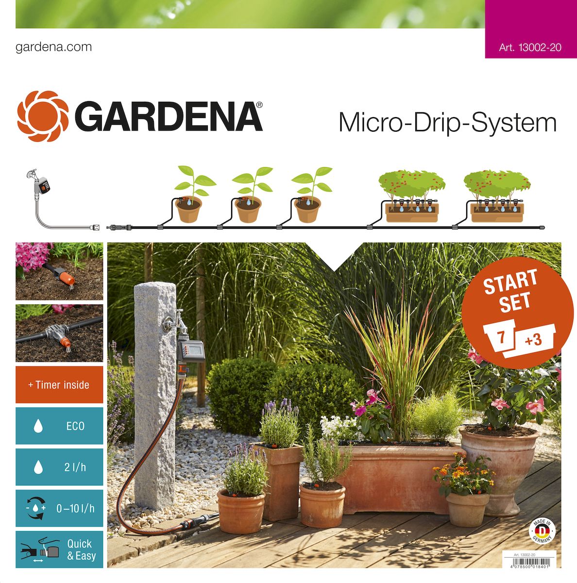 Комплект микрокапельного полива Gardena, базовый с таймером13002-20.000.00 Комплект микрокапельного полива Gardena, базовый с таймером13002-20.000.00Комплект микрокапельного полива Gardena предназначен для микрокапельного полива, который может применяться в различных целях. Комплект может использоваться для 7 горшечных растений и 3 цветочных ящиков. Таймер автоматического полива EasyConrol обеспечивает полностью автоматический полив. Предусмотрена возможность включения в систему дополнительных элементов. В готовый к использованию базовый комплект входят все основные компоненты системы микрокапельного полива Micro-Drip-System, необходимые для простого полива различных растений. Комплект можно дополнять другими компонентами системы Micro-Drip-System. В комплекте: - таймер автоматического полива EasyControl; - мастер-блок 1000; - шланг магистральный 15 м; - шланг подающий 10 м; - соединитель Т-образный 13 мм (1/2); - соединитель Т-образный 10 шт; - колышки для крепления шлангов 4,6 мм (3/16), 15 шт; - колышки для крепления шлангов 13 мм (1/2), 10 шт; -...