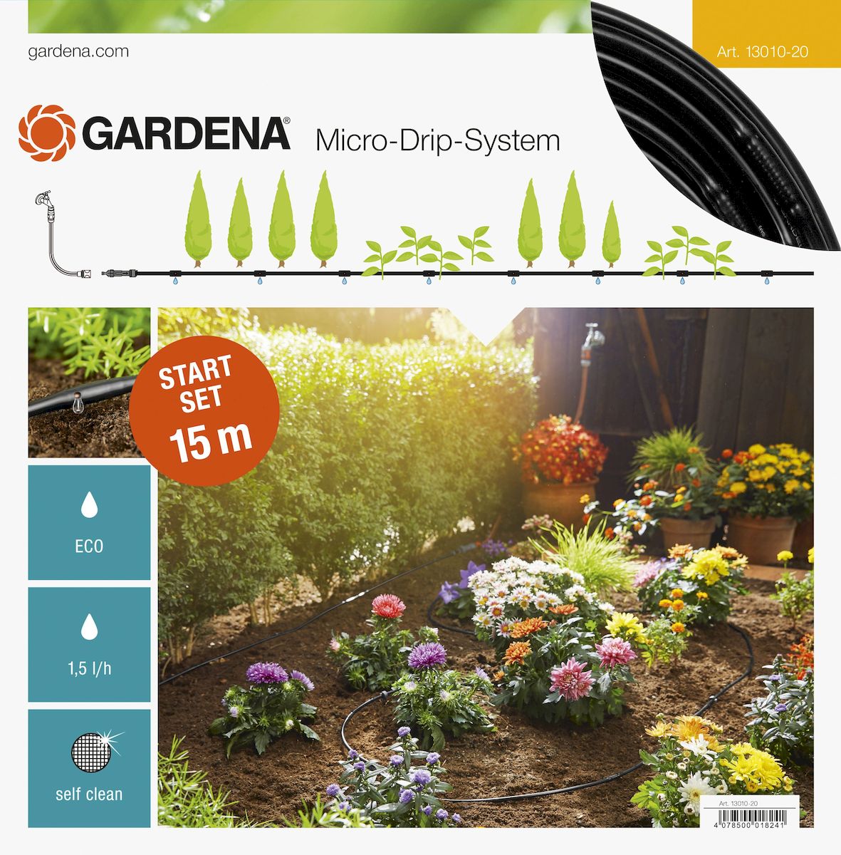 Комплект базовый для наземной прокладки Gardena, 4,6 мм (3/16) х 15 м13010-20.000.00 Комплект базовый для наземной прокладки Gardena, 4,6 мм (3/16) х 15 м13010-20.000.00Комплект базовый для наземной прокладки Gardena предназначен для полива небольших участков с цветами, овощами и фруктами, а также для полива посаженных в ряд растений. Расстояние между отверстиями составляет 30 см. Каждая капельница обеспечивает бережный полив с расходом воды 1,6 л/ч. Благодаря использованию инновационной лабиринтной технологии, капельницы являются самоочищающимися. Благодаря небольшому диаметру 4,6 мм (3/16) шланг характеризуется особой многофункциональностью и простотой монтажа. При условии установки мастер-блока по центру длина шланга может быть увеличена до 30 м с помощью комплекта для удлинения. В комплекте: - мастер-блок 1000; - подающий шланг 4,6 мм (3/16), 15 м; - колышки для крепления шланга 13 мм (1/2), 15 шт; - заглушка 4,6 мм (3/16).