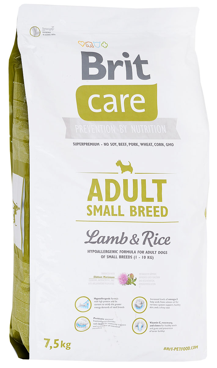Корм сухой Brit Care Adult Small Breed для собак мелких пород, с ягненком и рисом, 7,5 кг100201 Корм сухой Brit Care Adult Small Breed для собак мелких пород, с ягненком и рисом, 7,5 кг100201Сухой корм Brit Care Adult Small Breed содержит все питательные вещества, витамины и минералы, необходимые собакам. Благодаря специальным добавкам, корм Brit Care Adult Small Breed: Улучшает состояние шерсти и кожи. Оптимальное соотношение омега-3 и омега- 6 жирных кислот с органическим цинком и медью обеспечивает здоровое состояние кожи и улучшает качество шерсти; Высокое содержание протеинов. Оптимальное соотношение аминокислот (идеальный протеин) обеспечивает высокую усвояемость белков для мышечной ткани; Поддерживает иммунитет и охрану здоровья. MOS (маннано-олигосахариды) поддерживают хорошее состояние пищеварительного тракта и уменьшают количество патогенной микрофлоры в кишечнике; Содержит фактор, замедляющий старение - защиту от свободных радикалов. Высокое содержание витамина Е и органического селена обеспечивают защитный комплекс антиокислителей; Поддерживает кишечную микрофлору. FOS (фрукто-олигосахариды) оказывают благоприятное...