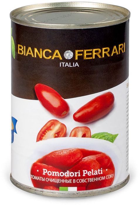 Bianca Ferrari Пелати помидоры очищенные в собственном соку, 400 г50800033 Bianca Ferrari Пелати помидоры очищенные в собственном соку, 400 г50800033Целые очищенные сочные итальянские томаты в собственном соку. Используются исключительно летние томаты. Яркие, сочные, сладкие томаты вобравшие в себя тепло средиземноморского солнца, станут украшением любого стола. Такие томаты прекрасно подходят как для самостоятельной закуски, так и для пиццы, пасты, тушеных овощей.