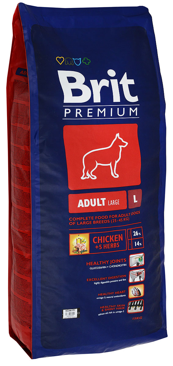Корм сухой Brit Premium Adult L для взрослых собак крупных пород, с курицей, рисом и кукурузой, 15 кг132321 Корм сухой Brit Premium Adult L для взрослых собак крупных пород, с курицей, рисом и кукурузой, 15 кг132321Сухой корм Brit Premium Adult L - это полнорационный сухой корм с курицей, рисом и кукурузой для взрослых собак (1-7 лет) крупных пород весом от 25 до 45 кг. Корм подходит для следующих пород собак: Американский стаффордширский терьер, акита ину, аляскинский маламут, босерон, бельгийская овчарка, боксер, борзая, далматинец, доберман, аргентинский дог, английский сеттер, прямошерстный ретривер, немецкая овчарка, ризеншнауцер, золотистый ретривер, гордон сеттер, ховаварт, лабрадор ретривер, поинтер, родезийский риджбек, выжла, веймаранер. Состав: мука из мяса курицы (40%), рис, кукуруза, пшеница, куриный жир (консервированный токоферолами), масло лосося, пивные дрожжи, натуральные ароматизаторы, сушеные яблоки, минеральные вещества, экстракт из трав и фруктов (300 мг/кг), глюкозамин гидрохлорид (260 мг/кг), хондроитина сульфат (160 мг/кг), мананоолигосахариды (150 мг/кг), фруктоолигосахариды (100 мг/кг), экстракт юкки шидигеры (80 мг/кг), ...