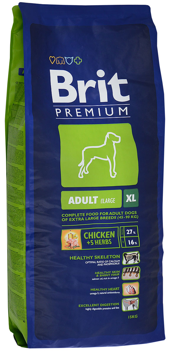 Корм сухой Brit Premium Adult XL для взрослых собак гигантских пород, с курицей и травами, 15 кг132327 Корм сухой Brit Premium Adult XL для взрослых собак гигантских пород, с курицей и травами, 15 кг132327Сухой корм Brit Premium Adult XL - это полноценное и сбалансированное питание для взрослых собак (30 месяцев - 5 лет) гигантских пород весом от 45 кг. Рекомендуется для следующих пород: анатолийская овчарка, бернский зенненхунд, русский черный терьер, бульмастиф, кане корсо, бордоский дог, эштрельская горная собака, фила бразилейро, дог, пиренейская горная собака, ирландский волкодав, комондор, ландсир, леонбергер, неаполитанский мастиф, ньюфаундленд, ротвейлер, сен-бернар, испанский мастиф, тосас. Состав: мука из мяса курицы (41%), рис, кукуруза, пшеница, куриный жир (консервированный токоферолами), масло лосося, пивные дрожжи, натуральные ароматизаторы, сушеные яблоки, минеральные вещества, экстракт из трав и фруктов (300 мг/кг), глюкозамин гидрохлорид (260 мг/кг), хондроитин сульфат (160 мг/кг), мананоолигосахариды (150 мг/кг), фруктоолигосахариды (100 мг/кг), экстракт юкки шидигеры (80 мг/кг), органическая Е4 медь, органический Е6 цинк, органический...