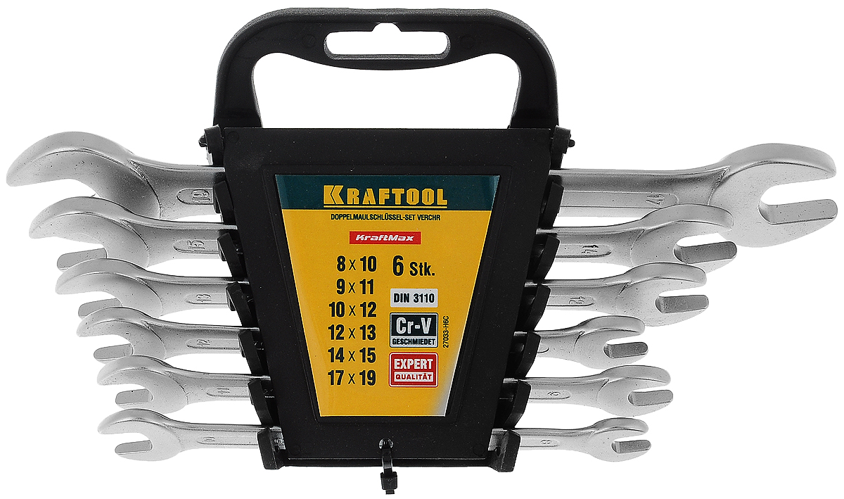Набор рожковых гаечных ключей Kraftool Expert, с подставкой, 8-19 мм, 7 предметов27033-H6C Набор рожковых гаечных ключей Kraftool Expert, с подставкой, 8-19 мм, 7 предметов27033-H6CНабор Kraftool Expert включает 6 комбинированных гаечных ключей, выполненных из качественной стали. Благодаря правильному подбору материала и параметров технологического процесса ключи выдерживают высокие нагрузки, устойчивы к истиранию рабочих граней. Применяются для работ с шестигранным крепежом. Комбинированный гаечный ключ - незаменимый инструмент при сборке и разборке любых металлических конструкций. Он сочетает в себе рожковый и накидной гаечные ключи. Первый нужен для работы в труднодоступных местах, второй более эффективен при отворачивании тугого крепежа. Для хранения набора предусмотрена пластиковая подставка.