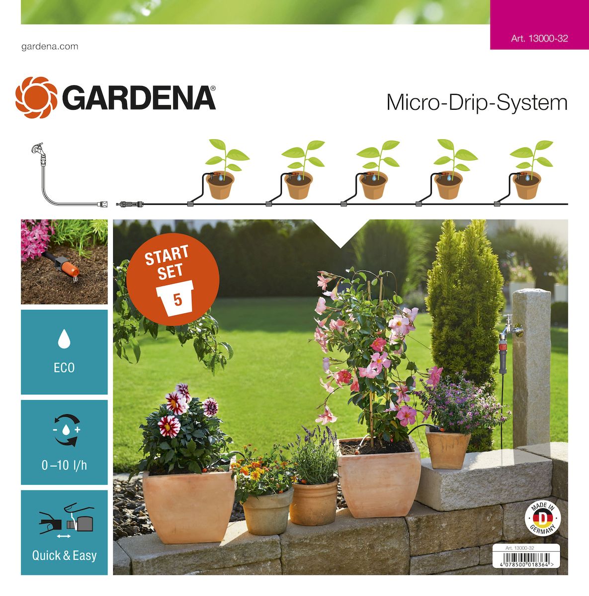 Комплект микрокапельного полива террасовый Gardena, базовый13000-32.000.00 Комплект микрокапельного полива террасовый Gardena, базовый13000-32.000.00Комплект для террас Gardena предназначен для микрокапельного полива, который может применяться в различных целях. Комплект может использоваться для полива пяти горшечных растений, но в любом случае это оптимальный набор инструментов для создания базовой системы микрокапельного полива Gardena. Такие элементы позволяют создать систему для удобного полива необходимых растений. Предусмотрена возможность включения в систему дополнительных элементов. В комплект входит: - мастер-блок 1000; - переходник для шланга; - шланг подающий 10 м; - колышки для крепления шлангов 4,6 мм (3/16), 5 шт; - соединитель Т-образный 4,6 мм (3/16), 5 шт; - заглушка 4,6 мм (3/16); - регулируемая концевая капельница (0-10 л/час), 5 шт. Благодаря патентованной технологии быстрого подсоединения Quick & Easy, все элементы легко соединяются и разъединяются.