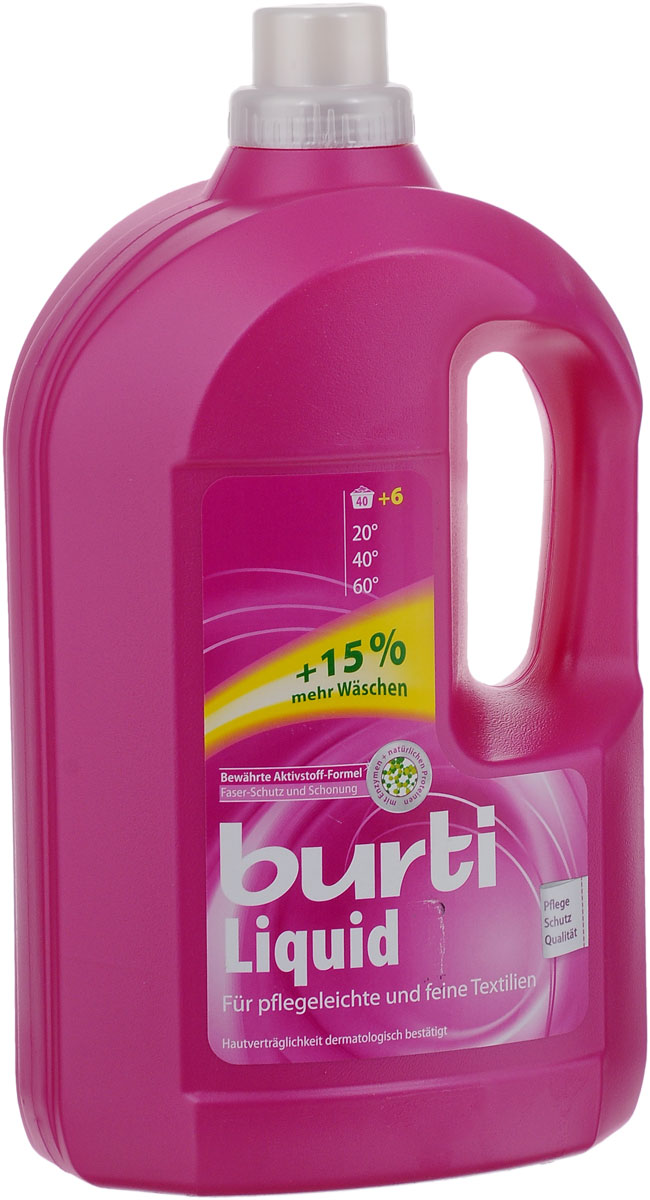 Средство для стирки Burti Liquid, для цветного и тонкого белья, 3 л121424 Средство для стирки Burti Liquid, для цветного и тонкого белья, 3 л121424Средство для стирки Burti Liquid для цветного и тонкого белья - это всегда свежее, чистое белье. С улучшенной защитой цвета и волокон Оптимально составленная рецептура защищает при стирке каждое отдельное волокно и заметно смягчает ваше белье. С содержанием высокоэффективных тензидов Удаляет масляные и жировые загрязнения. Щадящее удаление пятен Сбалансированная комбинация энзимов легко справляется с белковыми и сильными загрязнениями. Burti не содержит кондиционер. Добавлять смягчитель воды не требуется. Товар сертифицирован.