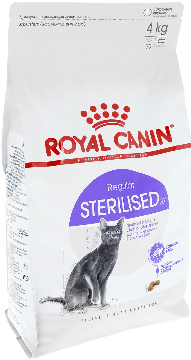 Корм сухой Royal Canin Sterilised 37, для взрослых стерилизованных кошек, 4 кг7616 Корм сухой Royal Canin Sterilised 37, для взрослых стерилизованных кошек, 4 кг7616Сухой корм Royal Canin Sterilised 37 - полнорационный сухой корм подходит стерилизованным кошкам в возрасте от 1 до 7 лет. Контроль потребления калорий. Корм Sterilised 37 ограничивает риск набора избыточной массы тела стерилизованной кошкой благодаря умеренному содержанию жиров (12%). L-карнитин способствует активной утилизации жиров. Поддержание мышечной массы кошки. Повышенное содержание (37%) белков высокой биологической ценности в корме способствует поддержанию мышечной массы и тонуса мышц стерилизованной кошки. Эффективная защита мочевыделительной системы кошки. Корм способствует регулярному мочеиспусканию и поддерживает необходимый уровень кислотности мочи (pH: 6-6,5) что предотвращает риск возникновения мочекаменной болезни у стерилизованной кошки. Состав: дегидратированные белки животного происхождения (птица), кукуруза, изолят растительных белков, кукурузная клейковина, растительная клетчатка, гидролизат белков...