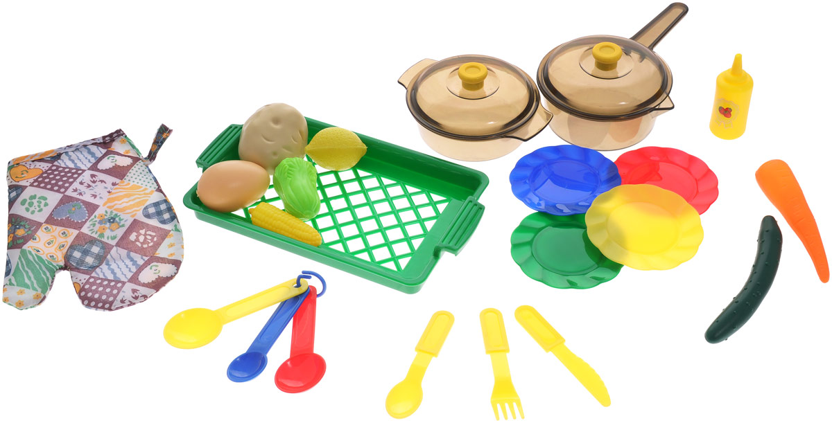 ABtoys Игрушечный кухонный набор с продуктами 22 предметаPT-00194 ABtoys Игрушечный кухонный набор с продуктами 22 предметаPT-00194Игрушечный кухонный набор с продуктами ABtoys прекрасно подойдет ребенку для веселых игр. Набор включает в себя посуду, которая находится на любой кухне. Предметы набора выполнены из высококлассного и безопасного пластика. В состав набора входят 4 тарелки, 3 круглые ложки, нож, вилка, ложка, прихватка, контейнер для овощей, кастрюля с крышкой, кастрюля с длинной ручкой с крышкой, яйцо, кукуруза, горчица, салат, лимон, морковь, картофель. Такой набор станет прекрасным дополнением к игровой ситуации с приглашением гостей.