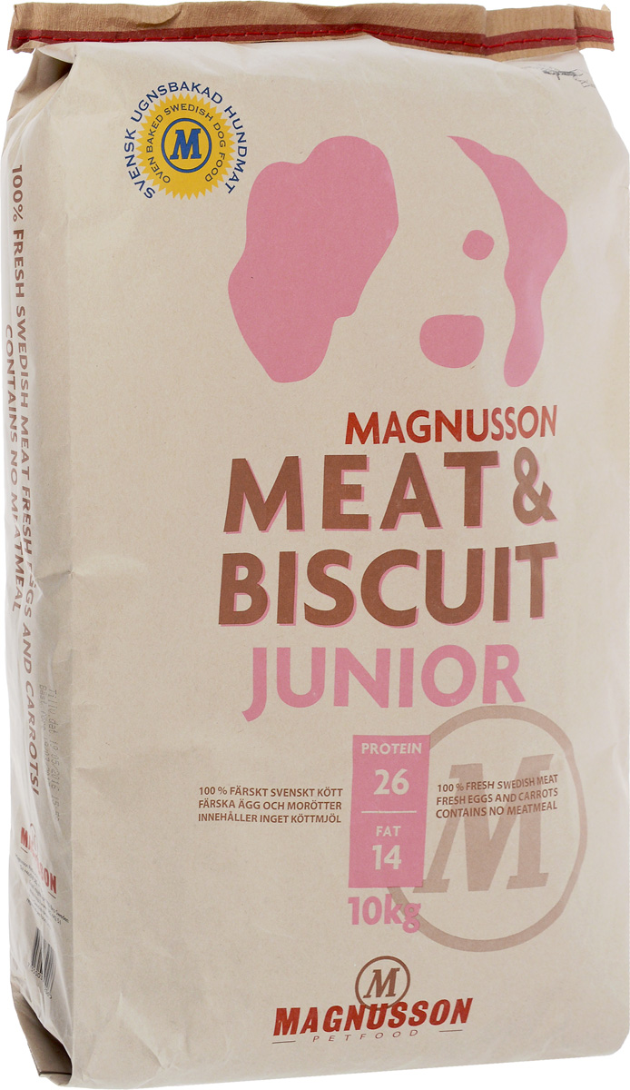 Корм сухой Magnusson Junior для щенков, беременных и кормящих сук, 10 кг7350033850206 Корм сухой Magnusson Junior для щенков, беременных и кормящих сук, 10 кг7350033850206Здоровье собаки формируется в первый год жизни и самое важное в этот период – правильное кормление. Корма массового производства обрабатывают маслом для восстановления потерянных в процессе производства животных жиров. Чтобы масло не портилось добавляется консервант, чтобы консервант не горчил, а корм привлекательно пах – усилители вкуса и запаха. Иногда добавляются ферменты, помогающие переварить корм с добавками. Запекание сохраняет животные жиры, поэтому корм Magnusson Junior не обрабатывается маслом, не содержит консервант и другие химические добавки. Источником животного белка является филейная часть говядины (46% свежего мяса) без добавления мясной, рыбной, куриной муки или субпродуктов. Свежие яйца в сочетании с говядиной обеспечивают лучшее качество белка. Свежая морковь, также входящая в состав корма, является источником витамина А, регулирует углеводный обмен и оказывает положительное воздействие на работу пищеварительной системы вашей собаки. ...