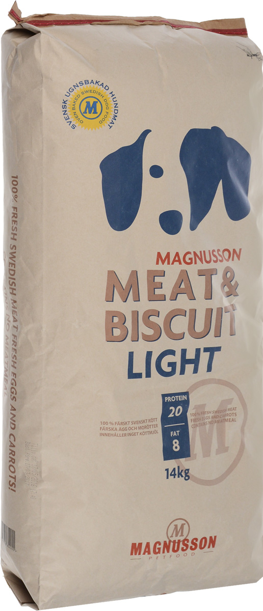 Корм сухой Magnusson Light для собак, склонных к избыточному весу, 14 кг7350033852255 Корм сухой Magnusson Light для собак, склонных к избыточному весу, 14 кг7350033852255Корм с высоким содержанием белка слишком богат энергией, что может усложнить задачу сохранения нормального веса малоактивной собаки и привести к чрезмерно быстрому росту и ожирению. Это все может негативно отразиться на костях и суставах. Хорошим способом сохранить форму собаки является употребление корма Magnusson Light с меньшим содержанием белка и жира, обеспечивающим вашего питомца сбалансированным количеством энергии. Источником животного белка является филейная часть говядины (34% свежего мяса) без добавления мясной, рыбной, куриной муки или субпродуктов. Свежие яйца в сочетании с говядиной обеспечивают лучшее качество белка. Свежая морковь, также входящая в состав корма, является источником витамина А, регулирует углеводный обмен и оказывает положительное воздействие на работу пищеварительной системы вашей собаки. Источником углеводов является пшеница грубого помола, выращенная без применения удобрений и пестицидов. Пшеница является растительным...