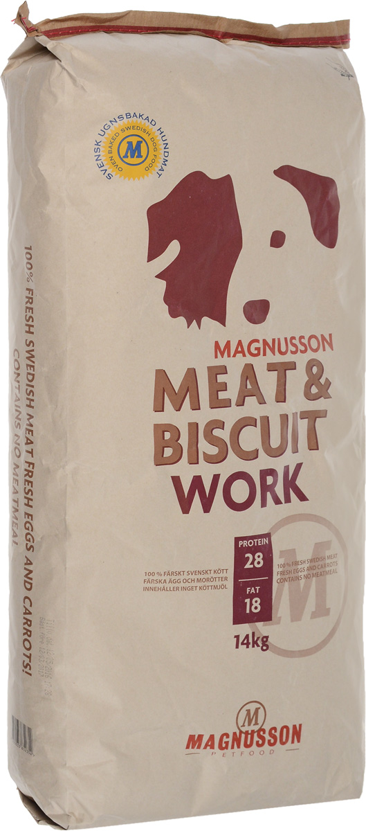 Корм сухой Magnusson Work для собак с высоким потреблением энергии, 14 кг7350033852354 Корм сухой Magnusson Work для собак с высоким потреблением энергии, 14 кг7350033852354Активные собаки нуждаются в корме с большим содержанием белка и жира. Свежее мясо, используемое в корме Magnusson Work, содержит больше 80-90% белка и сохраняет куда больше полезных свойств, чем термически обработанное, которое используется в массовом производстве кормов. Кроме того, чем больше этапов термической обработки проходит мясо, тем менее полезным оно становится. Источником животного белка является филейная часть говядины (50% свежего мяса) без добавления мясной, рыбной, куриной муки или субпродуктов. Свежие яйца, в сочетании с говядиной обеспечивают лучшее качество белка. Свежая морковь, также входящая в состав корма, является источником витамина А, регулирует углеводный обмен и оказывает положительное воздействие на работу пищеварительной системы вашей собаки. Источником углеводов является пшеница грубого помола, выращенная без применения удобрений и пестицидов. Пшеница является растительным продуктом с высокой усвояемостью, обеспечивает...