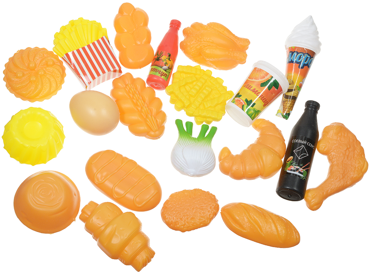 ABtoys Игрушечный набор продуктов 20 предметовPT-00322 ABtoys Игрушечный набор продуктов 20 предметовPT-00322Игрушечный набор продуктов ABtoys может стать замечательным дополнением к коллекции игрушечной еды и посуды. В комплект входят двадцать достаточно редких продуктов, которые находятся далеко не в каждом наборе, например, картофель фри и мороженое, много видов выпечки, лимонад и даже куриное яичко. Все предметы набора выполнены из качественного и безопасного пластика, полностью безопасны для детей. С таким дополнением к детской кухне девочка станет самой настоящей маленькой хозяюшкой, и с удовольствием накормит обедом не только кукол, но и всю семью.
