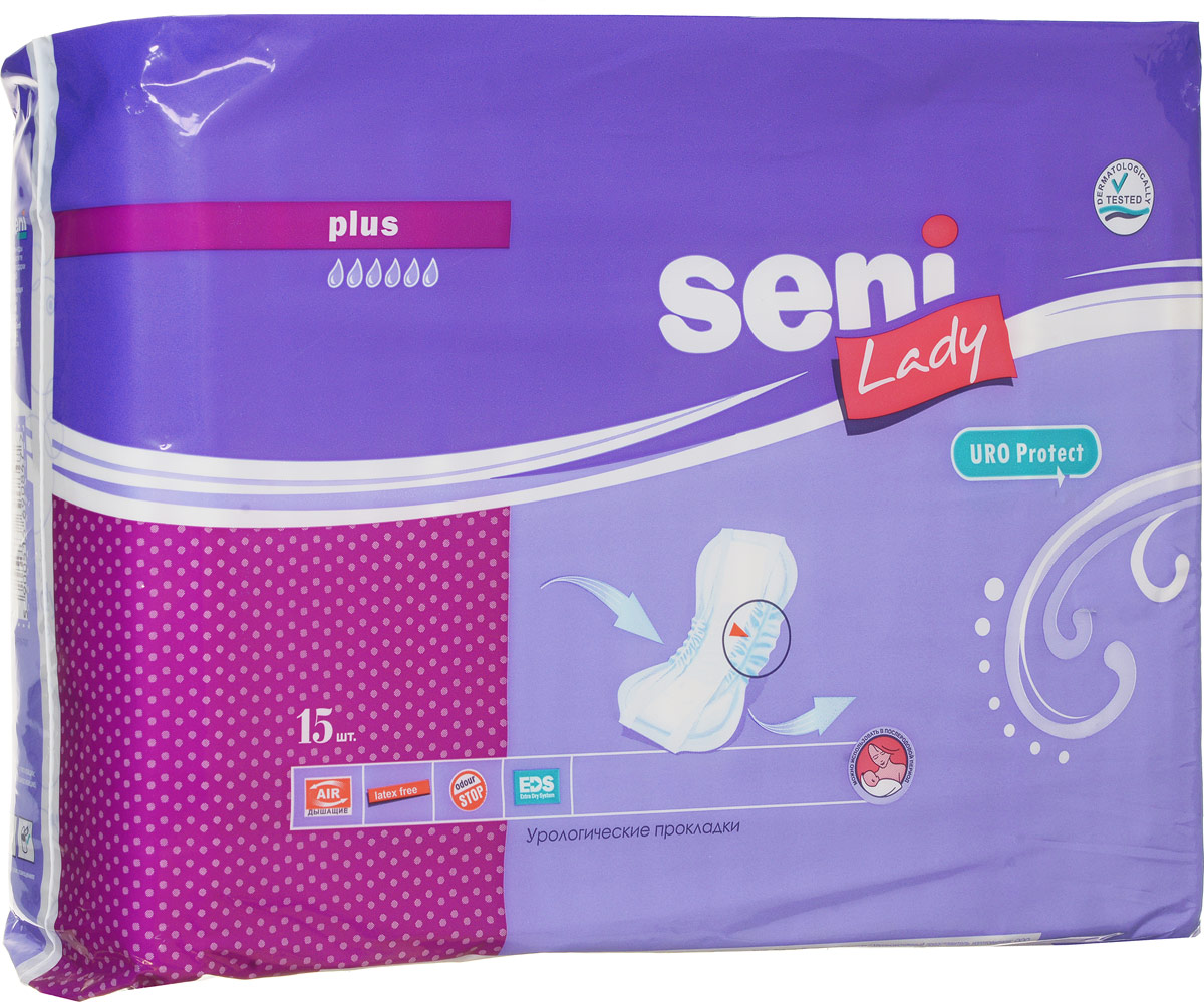 Seni Урологические прокладки для женщин Lady Plus 15 штSE-095-PL15-RU2 Seni Урологические прокладки для женщин Lady Plus 15 штSE-095-PL15-RU2Seni Lady. Plus - урологические прокладки для женщин, страдающих легкой и средней степенью недержания мочи. Несмотря на внешнюю схожесть с обычными гигиеническими прокладками, они впитывают в несколько раз больше жидкости. Специальный суперабсорбент препятствует размножению бактерий и нейтрализует неприятный запах мочи. Прокладки Seni Lady. Plus имеют внутренние боковые бортики, которые дают дополнительную защиту. Широкая клеящая полоса обеспечивает легкое и надежное крепление к белью. Анатомическая форма и дышащий внешний слой гарантируют комфорт в использовании. Могут использоваться в до- и послеродовой период.