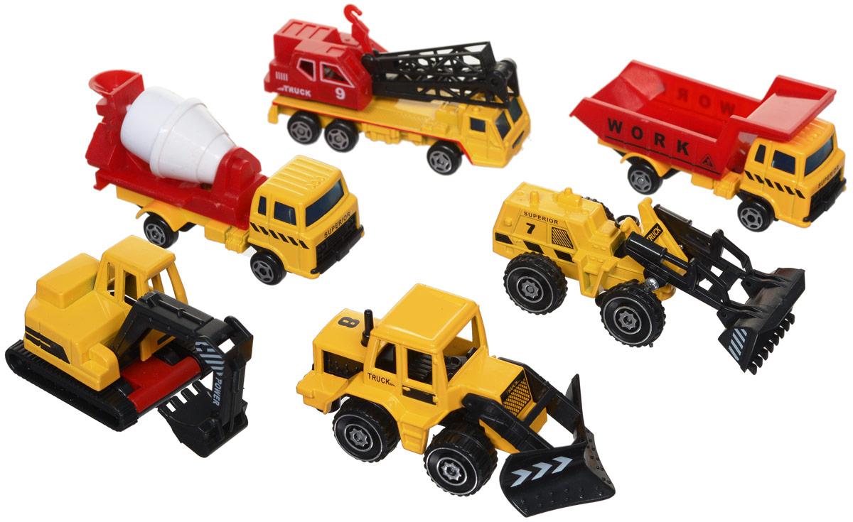Junfa Toys Набор строительной техники 6 шт1803-4B Junfa Toys Набор строительной техники 6 шт1803-4BНабор строительной техники Junfa Toys обязательно привлечет внимание вашего ребенка. Набор включает в себя бетономешалку, экскаватор, автокран, бульдозер, погрузчик, самосвал. Все машинки выполнены из металла с пластиковыми элементами в масштабе 1:72 к настоящей строительной технике и детально проработаны. Кабина экскаватора подвижна, ковш поднимается. Ковш погрузчика и плуг бульдозера поднимаются, кузов бетономешалки вращается. Кран поворачивается вокруг своей оси, его стрела поднимается. Колеса машинок свободно вращаются. Малыш проведет с этим набором много увлекательных часов, придумывая различные истории. Ваш ребенок будет в восторге от такого подарка!