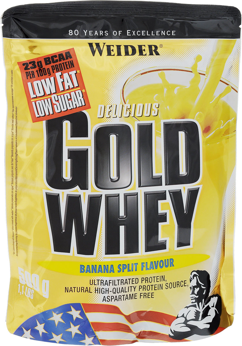 Протеин сывороточный Weider Gold Whey, банан, 500 г31235 Протеин сывороточный Weider Gold Whey, банан, 500 г31235Протеин Weider Gold Whey - это протеиновый порошок с концентратом сывороточного протеина, который обладает приятным вкусом и отвечает всем физиологическим потребностям. Сывороточный белок обладает наивысшей биологической ценностью, лучше всего переносится организмом и дает прирост чистой мышечной массы. В качестве сырья используется микрофильтрованный протеин, который не выносит высоких температур и высокого давления. В состав продукта входят важнейшие аминокислоты с разветвленной структурой (BCAA), которые не дадут вашим мышцам мучиться от катаболизма, и глютамин. Gold Whey также содержит глобулин и гликомакропептиды, которые являются биологически активными веществами. Они способствуют укреплению здоровья подобно пробиотикам или Омега-3 жирным кислотам. В Gold Whey содержатся бета- и альфа-лактоглобулины, которые регулируют кислотно-щелочной баланс и являются поставщиками энергии. Иммуноглобулины укрепляют защитные силы организма, а гликомакропептиды...