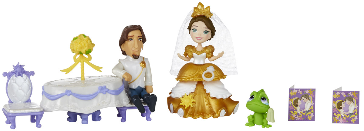Disney Princess Набор фигурок Королевская свадьба РапунцельB5341EU4_B5343 Disney Princess Набор фигурок Королевская свадьба РапунцельB5341EU4_B5343Веселитесь с Рапунцель и Флинном в самый лучший день - день их свадьбы! Набор Королевская свадьба Рапунцель включает прекрасную куклу в свадебном платье, Флинна, Паскаля, столик, 2 стула и украшения. Набор упакован в пластиковый чемоданчик, чтобы его было легко хранить и всегда брать с собой. В наборе имеется все, что нужно принцессе для романтического свадебного торжества. Вашей маленькой принцессе будет еще интереснее создавать наряды для Рапунцель и надевать на нее украшения из комплекта. Девочки также могут украшать свою принцессу другими нарядами и аксессуарами (продаются отдельно) и создавать собственное Маленькое королевство!
