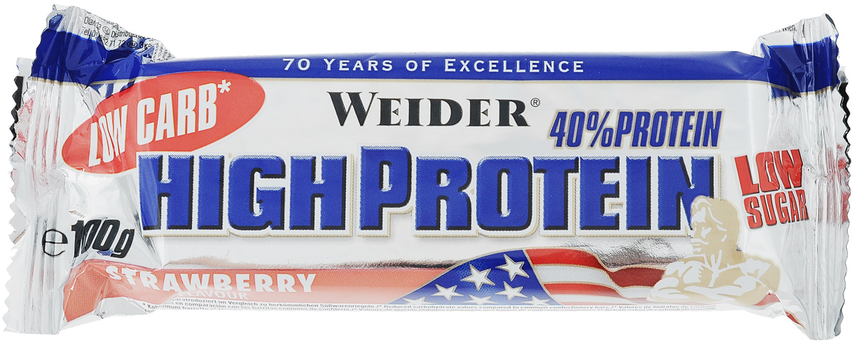 Батончик протеиновый Weider High Protein, клубника, 100 г30967 Батончик протеиновый Weider High Protein, клубника, 100 г30967Батончик Weider High Protein - это уникальный протеиновый батончик с содержанием белка 40 г (молочный, соевый и коллагеновый протеины). Лишен насыщенных жиров. Из 18 г углеводов на один батончик только 2 г углеводов Net Carbs. Net Carbs - это углеводы, которые повышают содержание сахара в крови (например, сахар). Чем меньше Net Carbs, тем лучше. Обычные батончики такого веса содержат не менее 40 г углеводов Net Carbs. Изюминкой High Protein является то, что при таком количестве белка, он имеет неповторимый вкус. Еще никогда протеиновый батончик не был таким вкусным и полезным! Состав: 18% шоколадная оболочка с мультитолом, молочный протеин, полидекстроза, соевый протеин, гидролизат коллагенового протеина, глицерин, какао-порошок, ароматизатор, растительное масло, лецитин, сукралоза. Товар сертифицирован.