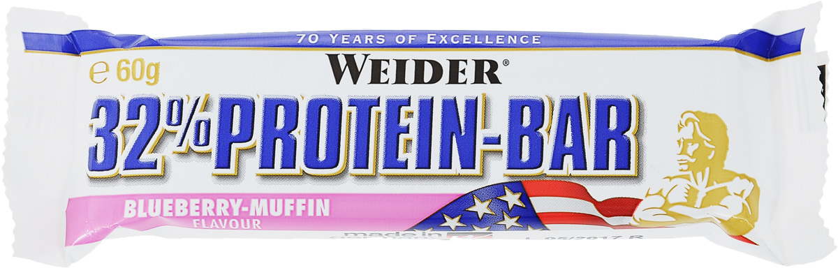 Батончик протеиновый Weider 32% Protein-Bar, черника-маффин, 60 г30837 Батончик протеиновый Weider 32% Protein-Bar, черника-маффин, 60 г30837Weider 32% Protein-Bar - это батончик, несущий в составе 32% высококачественного протеина. Он имеет много протеинов и мало жира, идеален для утоления легкого голода между приемами пищи. Может заменить протеиновый коктейль для увеличения белков в дневном рационе. Рекомендации по применению: Идеально употреблять между приемами пищи или как десерт, до и после тренировки. Состав: сироп глюкозы, молочный протеин, сироп фруктозы, гидрогенерированное растительное масло, гидролизат из коллагена протеина, декстроза, лимонная кислота, ароматизаторы, соль, витамин С (аскорбиновая кислота), высушенный яичный белок, витамин Е (ди-альфа токоферол), пантотеновая кислота (соль кальция), тиамин (витамин В1, HCl), рибофлавин (витамин В2), витамин В6 (пиридоксин HCl), E122. Товар сертифицирован.