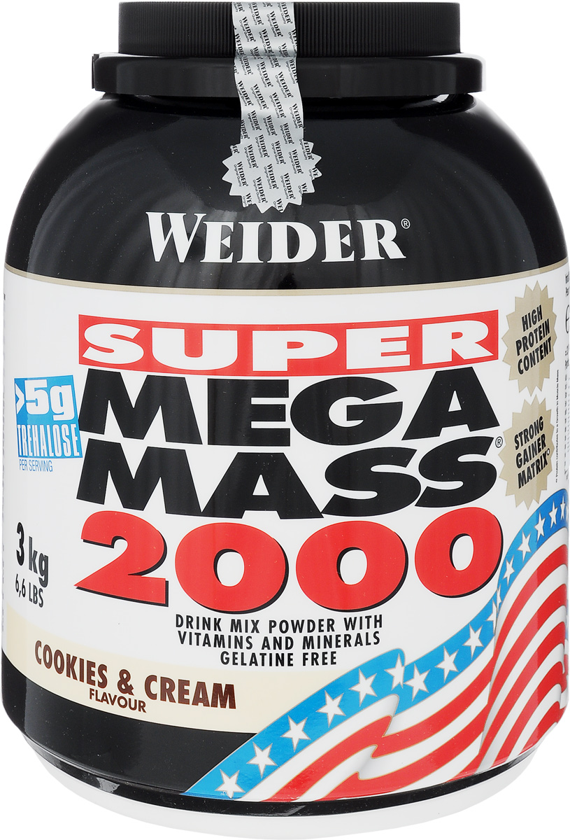 Гейнер Weider Мега Масс 2000, 3кг, крем и печенье32847 Гейнер Weider Мега Масс 2000, 3кг, крем и печенье32847Mega Mass 2000 - высококачественный продукт для наращивания мышечной массы. Белковая составляющая - это концентрат молочного протеина и изолят соевого протеина. Каждая порция Mega Mass 2000 содержит более 5 г трехалозы - соединение, участвующее в процессах роста, и 2,7 г таурина. В порции коктейля содержатся витамины и минералы в оптимальных количествах. В банке Mega Mass 2000 есть мерная ложка. Рекомендации по применению: Пейте один коктейль за 1-1,5 часа до тренировки. Вне тренировочные дни - между завтрака и обедом. Рекомендации по приготовлению: 90г порошка размешать в 300 мл молока до 1,5% жирности.