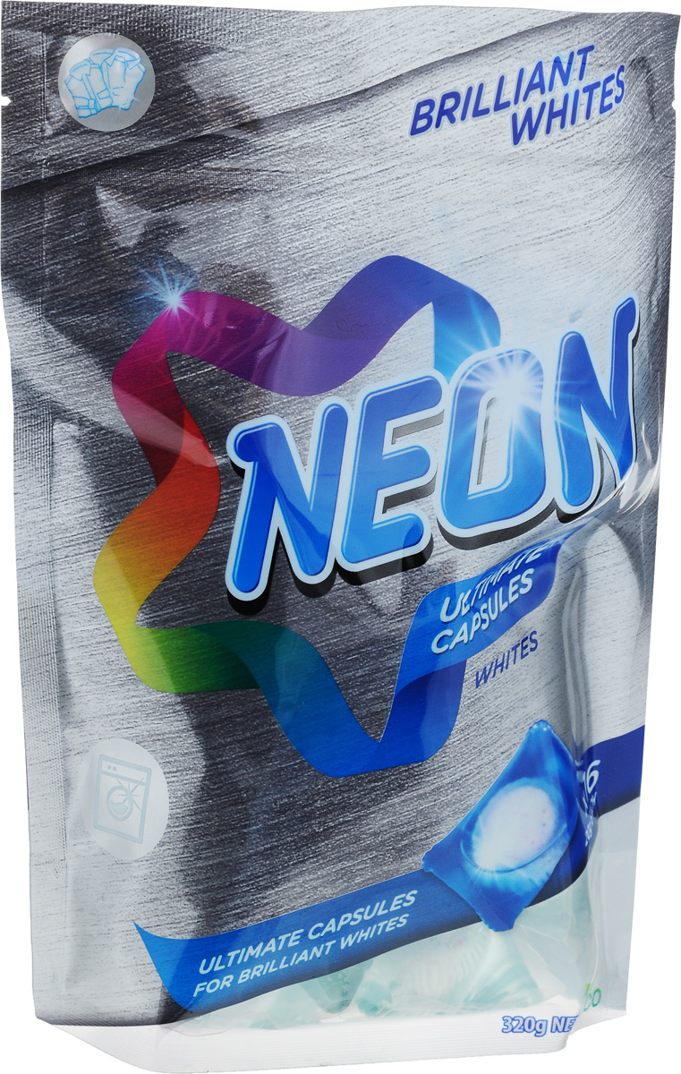Капсулы для стирки Neon Ultimate Whites, для белого белья, концентрированные, 16 шт12050 Капсулы для стирки Neon Ultimate Whites, для белого белья, концентрированные, 16 шт12050Капсулы Neon Ultimate Whites - концентрированное средство для автоматических стиральных машин и ручной стирки белого белья. Средство легко растворяется как в холодной, так и горячей воде. Капсулы с удвоенной силой 2 в 1 (гель + порошок) обладают усиленной моющей способностью, эффективно отстирывают любые виды загрязнений, придают безупречную белизну вашим вещам. Рекомендован для всех видов ткани, кроме натуральной шерсти и шелка. Данное средство предупреждает образование накипи на водонагреваемом элементе. Полностью выполаскивается. Товар сертифицирован.