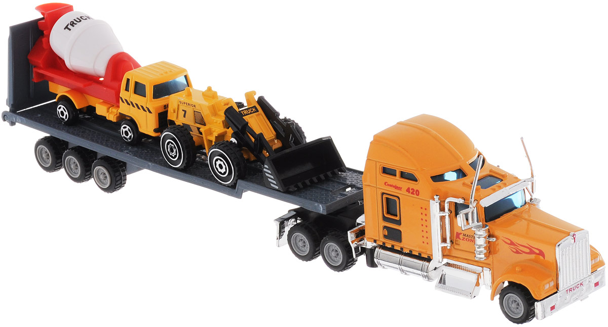 Junfa Toys Автовоз с бетономешалкой и автопогрузчиком1805-1E Junfa Toys Автовоз с бетономешалкой и автопогрузчиком1805-1EАвтовоз с бетономешалкой и автопогрузчиком Junfa Toys позволит ребенку организовать импровизированную стройку. Высокая детализация машинок сделает игру с ними еще интересней. Машинки изготовлены из металла с элементами из пластика. Барабан бетономешалки вращается, ковш погрузчика поднимается, полуприцеп автовоза отсоединяется, его пандус опускается. Сделайте вашему ребенку такой замечательный подарок!