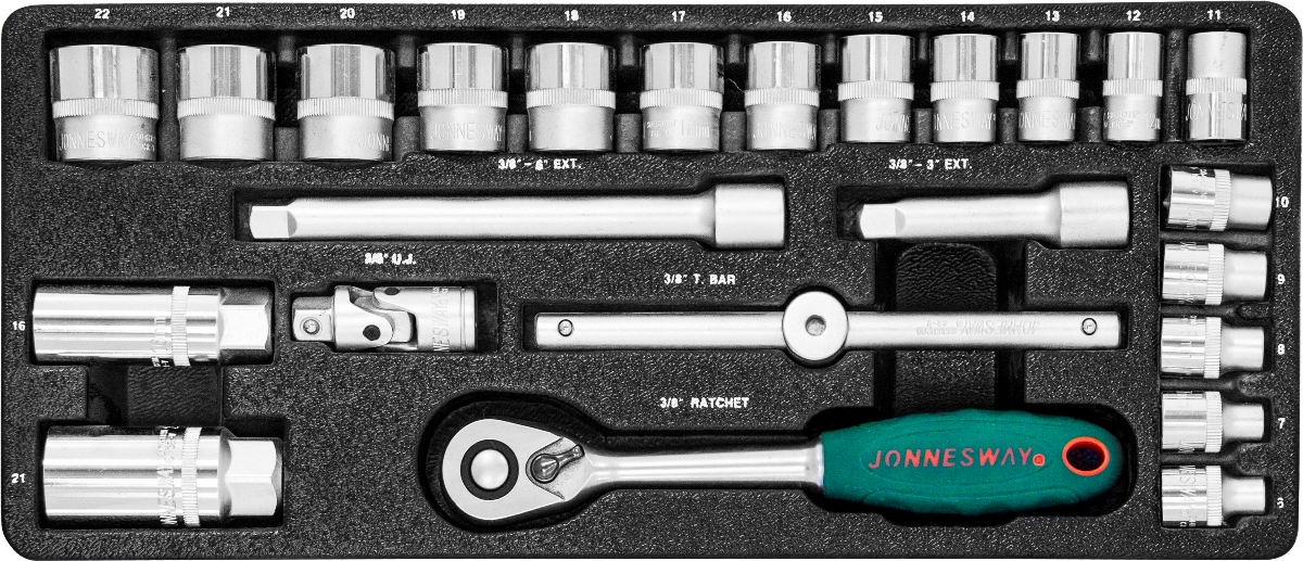 Набор головок торцевых Jonnesway 3/8DR 6-22 мм, 25 предметовS04H3125S Набор головок торцевых Jonnesway 3/8DR 6-22 мм, 25 предметовS04H3125SCодержание: 3/8DR: Головки торцевые, 17 шт.: 6, 7, 8, 9, 10, 11, 12, 13, 14, 15, 16, 17, 18, 19, 20, 21, 22 мм; Свечная головка 2 шт.: 16 и 21 мм; Трещоточная рукоятка; Удлинители, 2 шт.: 75 и 150 мм; Вороток Т-образный; Шарнир карданный; Металлический кейс.