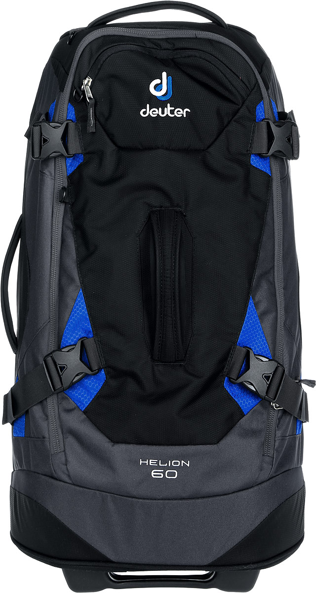 Сумка дорожная на колесах Deuter 2015 Travel Helion 60, цвет: черный, 60л35842_7302 Сумка дорожная на колесах Deuter 2015 Travel Helion 60, цвет: черный, 60л35842_7302Многолюдные аэропорты, бордюры тротуаров, крутые лестницы -универсальная многофункциональная сумка Deuter Helion 60, обеспечивает удобное маневрирование, в любой ситуации. Содержимое сумки надежно защищено, как в чемодане-тележке. Надежная конструкция гарантирует устойчивость, и плюс вы легко можете превратить сумку в рюкзак. Под клапаном на молнии находится оригинальная система плечевых лямок для переноски. Можно катить сумку на колесах и с расправленными плечевыми лямками. Это максимально удобно в переходах, где сумку необходимо, то катить, то нести. Для наибольшего комфорта разверните набедренные крылья, которые прикрывают колеса при переноске.