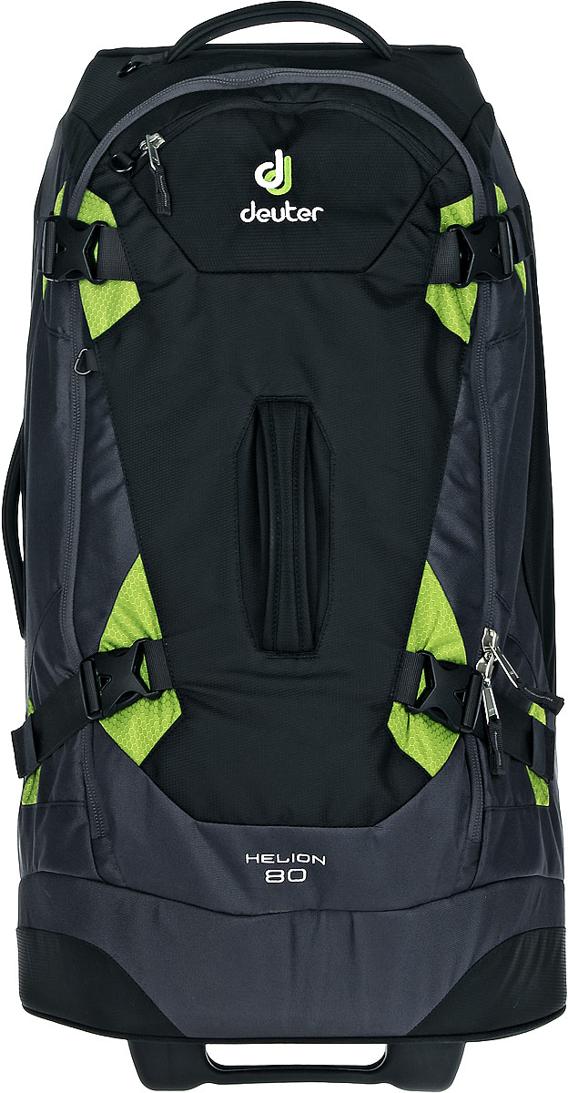 Сумка дорожная на колесах Deuter 2015 Travel Helion 80, цвет: черный, 80л35852_7260 Сумка дорожная на колесах Deuter 2015 Travel Helion 80, цвет: черный, 80л35852_7260Многолюдные аэропорты, бордюры тротуаров, крутые лестницы - универсальная многофункциональная сумка Deuter Helion, обеспечивает удобное маневрирование, в любой ситуации. Содержимое сумки надежно защищено, как в чемодане-тележке. Надежная конструкция гарантирует устойчивость, и плюс вы легко можете превратить сумку в рюкзак. Под клапаном на молнии находится оригинальная система плечевых лямок для переноски. Можно катить сумку на колесах и с расправленными плечевыми лямками. Это максимально удобно в переходах, где сумку необходимо, то катить, то нести. Для наибольшего комфорта разверните набедренные крылья, которые прикрывают колеса при переноске.