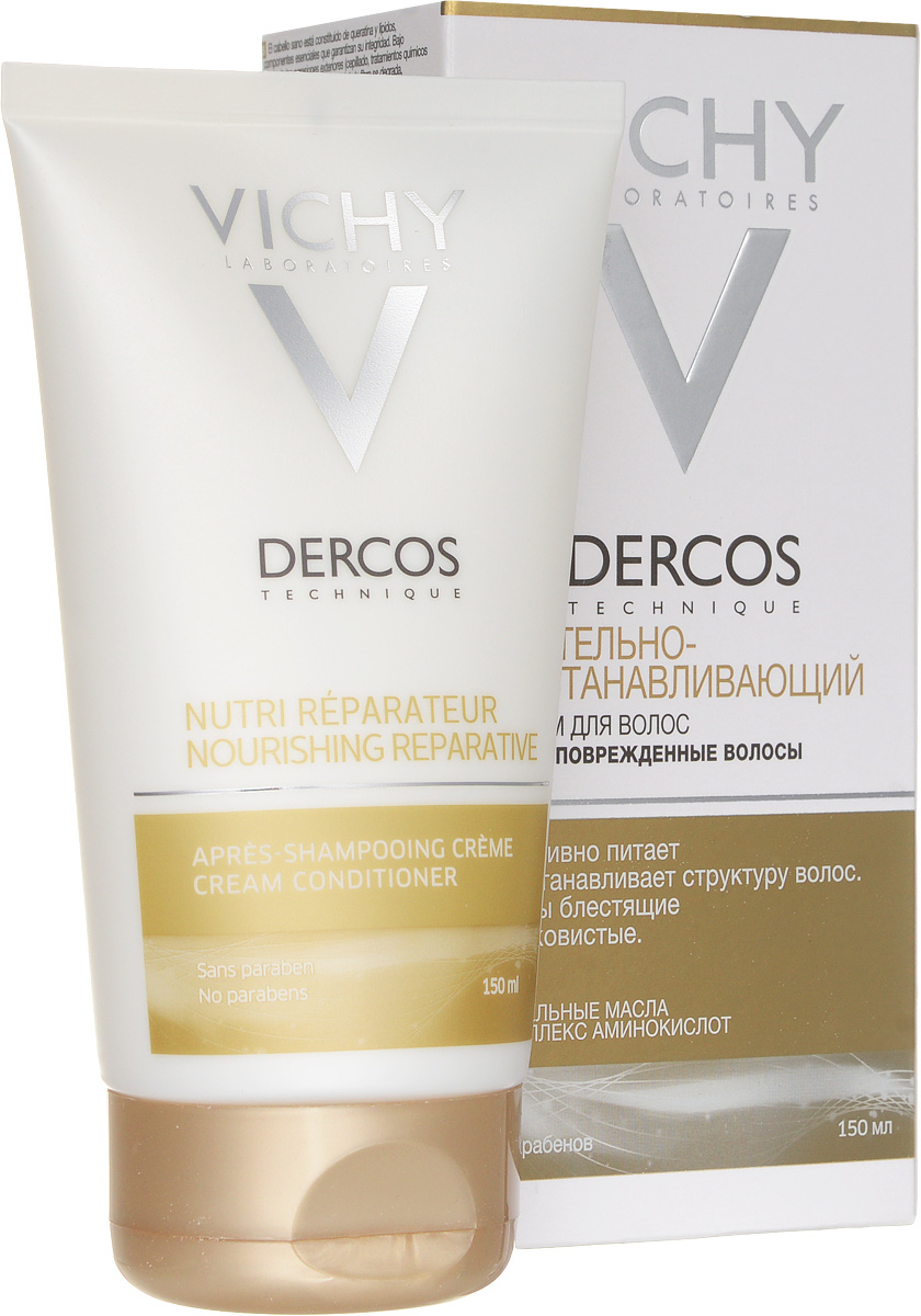 Vichy Бальзам-ополаскиватель питательно-восстанавливающий для сухих поврежденных волос Dercos, 150 мл7207412 Vichy Бальзам-ополаскиватель питательно-восстанавливающий для сухих поврежденных волос Dercos, 150 мл7207412ЭФФЕКТИВНОСТЬ Для интенсивного питания и восстановления волос, подвергающихся агрессивному воздействию внешних факторов (фен, химическая завивка, UV-излучение и т.д.). Лаборатории VICHY DERCOS впервые объединяют питательные масла (миндальное, сафлоровое и розовое) и 5 аминокислот (аргинин, глутамин, серин, цистеин и пролин) в одном комплексе для восстановления «строительных» компонентов волосы. Гипоаллергенная формула. Содержит UV- фильтры. Сохраняет блеск окрашенных волос. Без красителей. Без парабенов. АКТИВНЫЕ КОМПОНЕНТЫ Миндальное, сафлоровое и розовое питательные масла; аргинин, глутамин, серин, цистеин и пролин. РЕЗУЛЬТАТЫ Волосы восстановлены, блестящие и шелковистые. ТЕКСТУРА Гелеобразная белая эмульсия. СПОСОБ ПРИМЕНЕНИЯ После использования шампуня нанесите небольшое количество бальзама на слегка отжатые полотенцем волосы, отступив 5-7 см от корней, оставьте на 1 минуту, смойте водой.