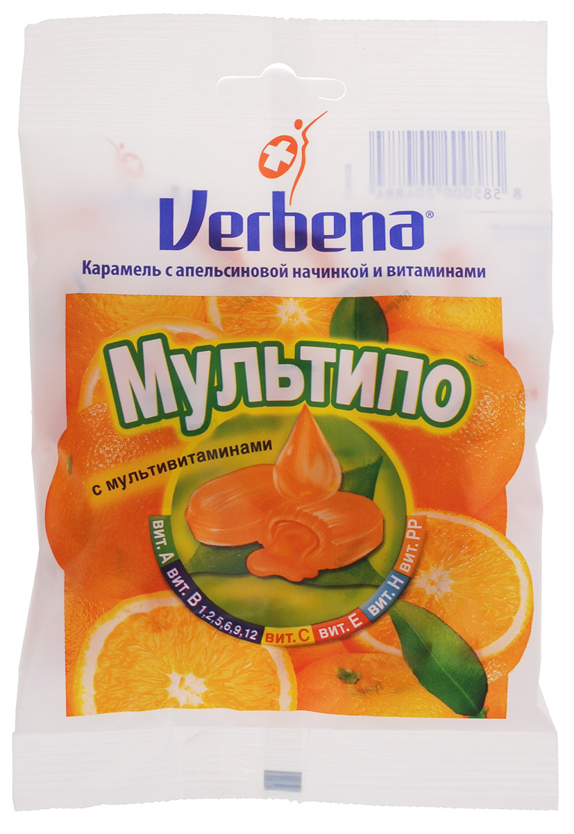Verbena Мультипо карамель с апельсиновой начинкой, 60 гнво002 Verbena Мультипо карамель с апельсиновой начинкой, 60 гнво002Карамель Verbena Мультипо с начинкой из натуральных экстрактов лечебных растений имеют повышенное содержание витамина С (200 мг на 100 г). Всего 6 леденцов Verbena обеспечит более половины суточной потребности витамина С!