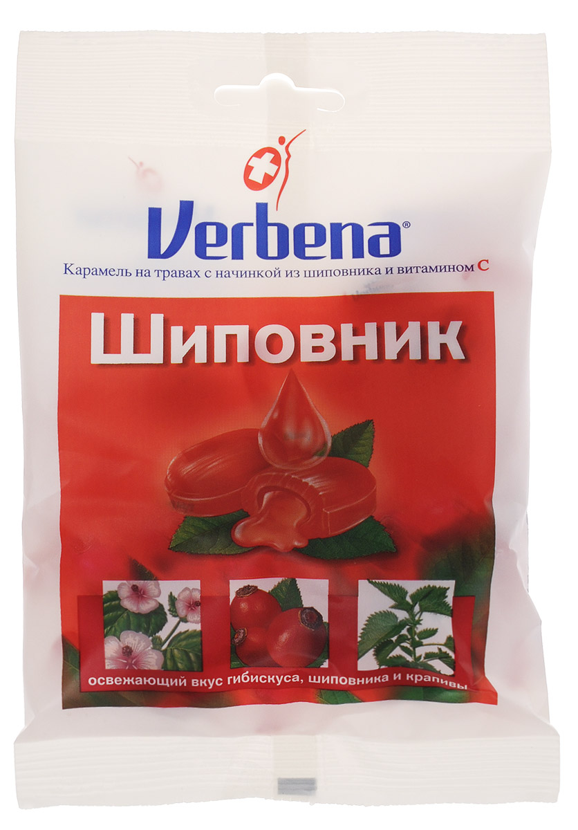 Verbena Шиповник карамель на травах, 60 гнво003 Verbena Шиповник карамель на травах, 60 гнво003Карамель Verbena Шиповник с начинкой из натуральных экстрактов лечебных растений имеет повышенное содержание витамина С (200 мг на 100 г). Всего 6 леденцов Verbena обеспечит более половины суточной потребности витамина С!