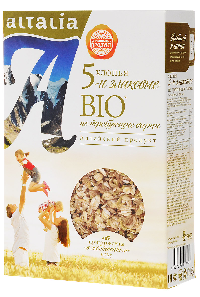 Altalia хлопья 5-и злаковые, 400 гбмя036 Altalia хлопья 5-и злаковые, 400 гбмя036Мультизерновые смеси хлопьев Altalia - уникальный продукт, соответствующий современным тенденциям здорового питания. Тщательно подобранная комбинация нескольких видов хлопьев позволяет наиболее эффективно сбалансировать полезные вещества различных злаков в готовом продукте. Отличный выбор для вашего здоровья и удовольствия!