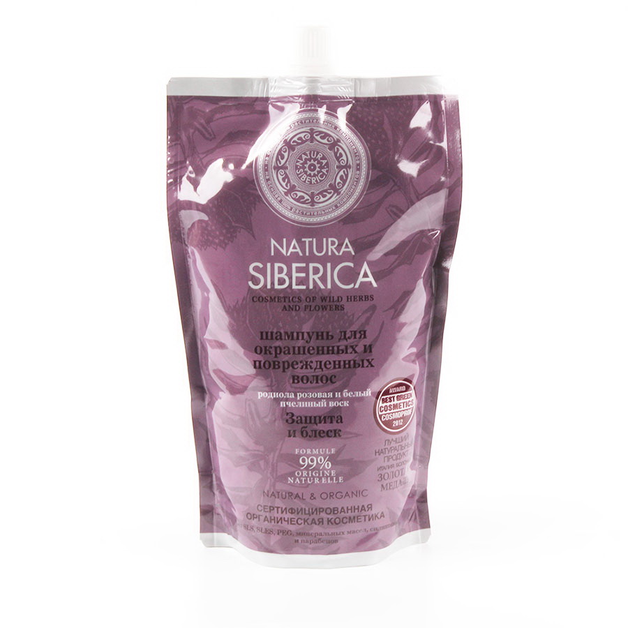 Natura Siberica Шампунь для окрашенных волос Защита и блеск , 500 мл086-8-34431 Natura Siberica Шампунь для окрашенных волос Защита и блеск , 500 мл086-8-34431Шампунь для защиты окрашенных волос Natura Siberica (Натура Сиберика) на основе экстрактов родиолы розовой и даурской сои с использование белого пчелиного воска значительно усиливает устойчивость волоса к повреждающим воздействиям химических веществ, которые нередко содержатся в красителях. Использование экстракта родиолы розовой увеличивает защитный потенциал волос, питает и увлажняет их, а также стимулирует естественные восстановительные процессы. Экстракт даурской сои позволяет насытить кожу головы и волосы ценнейшим белком растительного происхождения, а белый пчелиный воск укрепляет волосы и придает им здоровый блеск.