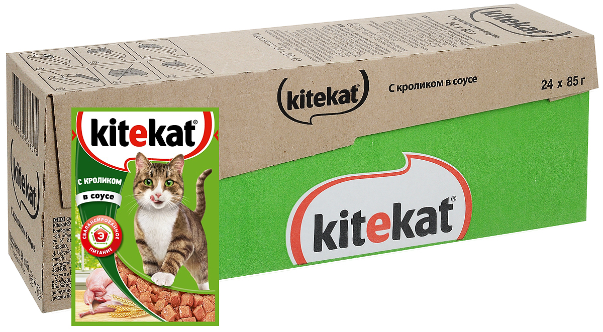 Консервы Kitekat для взрослых кошек, с кроликом в соусе, 85 г х 24 шт41376 Консервы Kitekat для взрослых кошек, с кроликом в соусе, 85 г х 24 шт41376Консервы Kitekat - это порция сочных кусочков с кроликом, приготовленных по особому рецепту. В основе корма формула сбалансированного питания, которая содержит белки, минералы, витамины, таурин и животные жиры. Порадуйте вашего питомца - в каждой порции только качественные продукты, как и те, что на вашей кухне: мясные ингредиенты, злаки и жиры животного происхождения. Все натуральные свойства сохранены и правильно сбалансированы для энергии и здоровья вашего кота. В упаковке 24 пауча по 85 г. Товар сертифицирован.